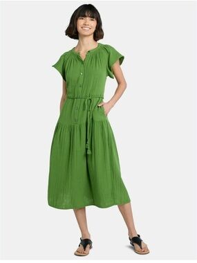 3/$25*Time And Tru Green Button Front Midi A-Line Dress Tie Waist Flutter Sleeve